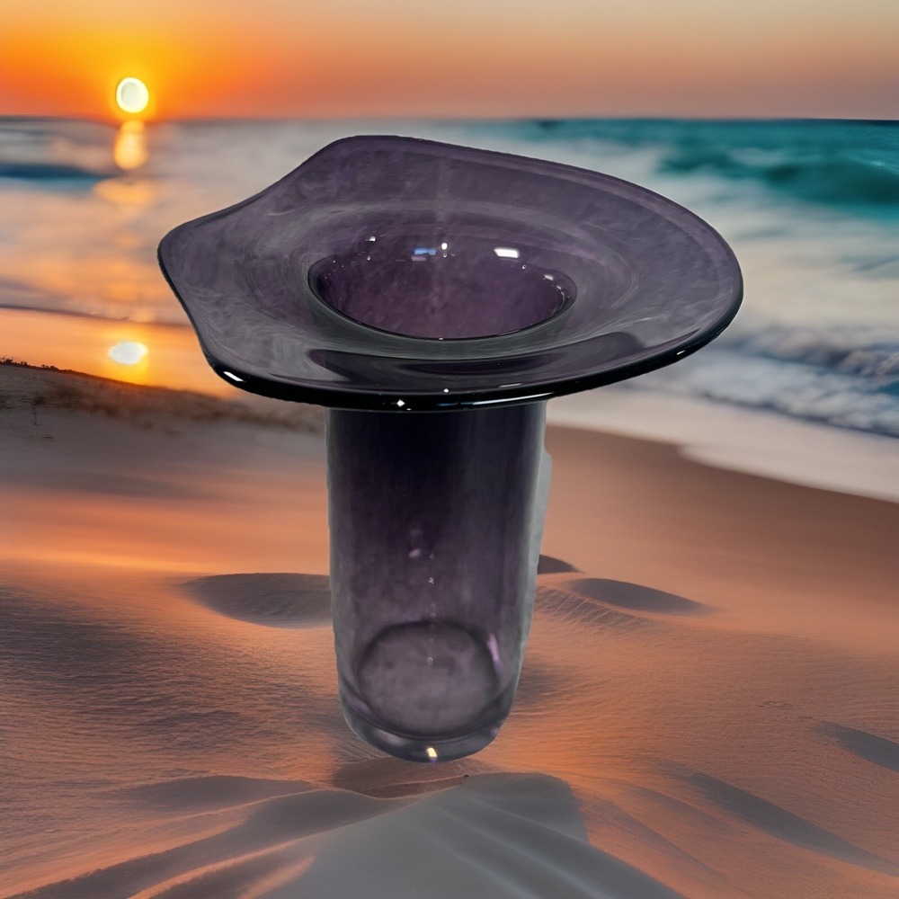 Murano Style Amethyst  Art Glass Vase Wavy Rim 10"